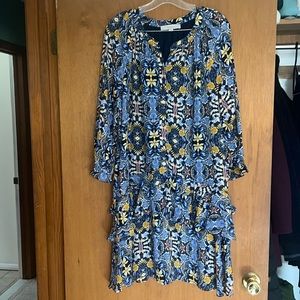 Loft blue and yellow pattern dress with flounce bottom! Size large